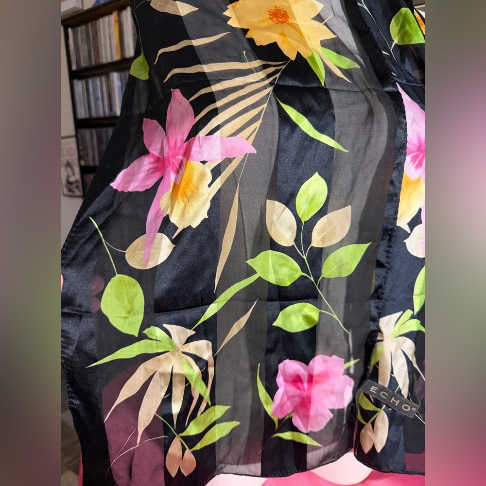 Echo 100% Silk Floral Scarf Sheer Lightweight - Picture 5 of 5